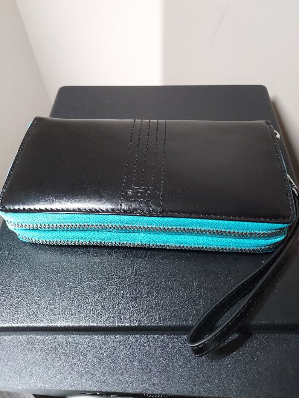 Lodis Astoria Mae Double Zip Wristlet Wallet-Black and Teal-Leather NWT